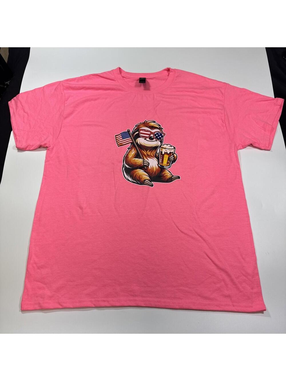 Sloth Drinking Beer T-shirt Size Large Pink Tee 4th Of July Patriotic Flag Party